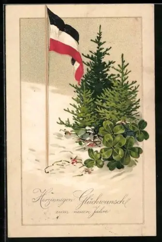 AK Tannen mit Kleeblättern und Fahne im Schnee, Weihnachtsgruss