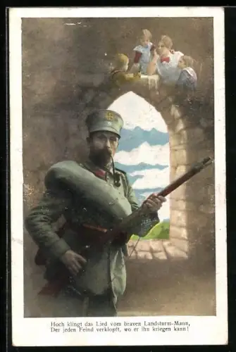 AK Soldat mit Pfeife und Gewehr denkt an seine Frau und Kinder