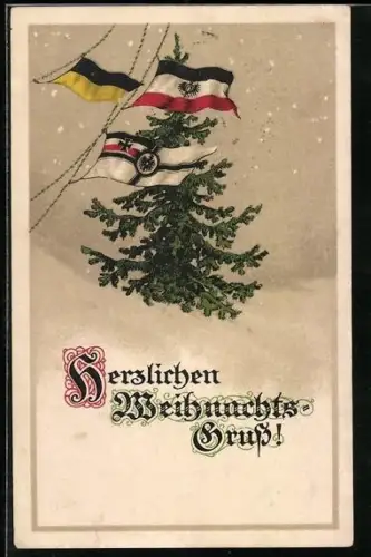 AK Zweibund Fahnen mit Tannenbaum und Schnee, Weihnachtskarte