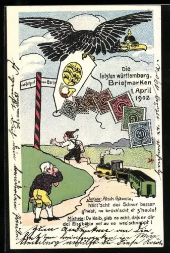 AK Michel weint wegen Abschaffung der württembergischen Briefmarken 1902, Adler mit Pickelhaube, Eisenbahn