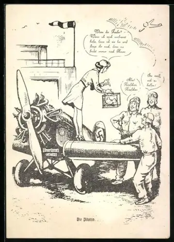 AK Pilotin mit Taubenkäfig auf Flugzeugflügel stehend und Soldaten, 