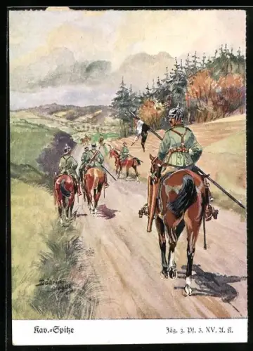 Künstler-AK Döbrich-Steglitz: Kav.-Spitze, Jäg. z. Pf. 3