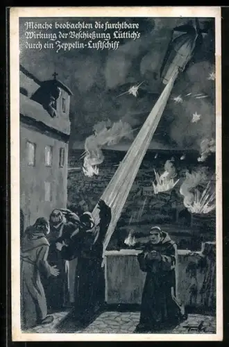 AK Lüttich, Mönche betrachten das Unheil, dass der Zepplin in der Stadt anrichtet