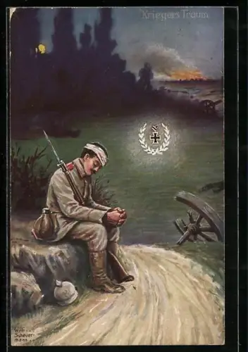 Künstler-AK Willi Scheuermann: Kriegers Traum, verletzter deutscher Soldat, brennender Hintergrund, eisernes Kreuz
