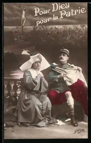 AK Französischer Soldat und Nonne denken an den Krieg und die Kreuzigung Jesus Christus