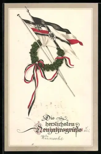 AK Fahnen im Kranz mit Fahnenband, Weihnachtsgruss