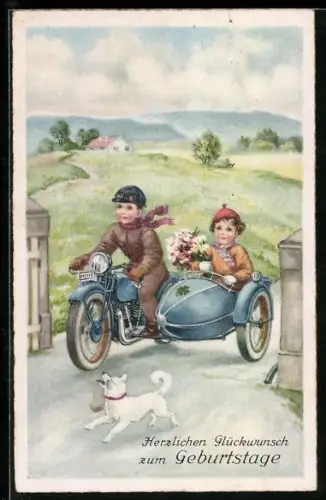 Künstler-AK Die besten Pfingstgrüsse, Paar auf Motorad mit Beiwagen