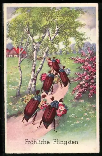 AK Maikäfer mit Blumen für das Pfingstfest auf einem Wiesenpfad