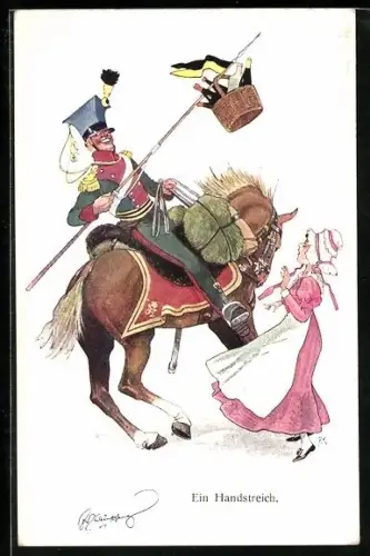 Künstler-AK Fritz Schönpflug: Ein Handstreich, österr. Ulan und Dienstmädchen