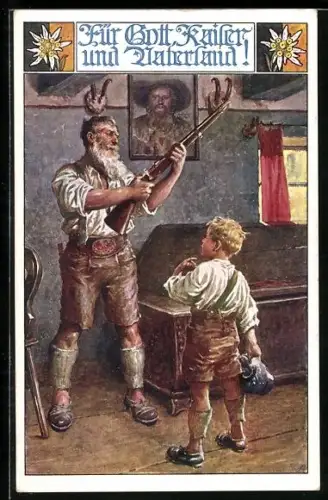 AK Deutscher Schulverein NR: 789, Tiroler Almbauer prüft sein Gewehr, Gemälde Freiheitskämpfer Andreas Hofer, Edelweiss