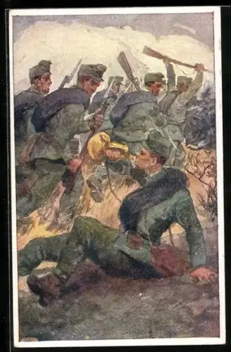 AK Rotes Kreuz Nr. 355, Verwundeter Hornist begeistert seiner Kameraden bei Sturmangriff