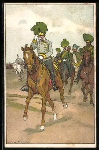Künstler-AK Ludwig Koch: Kaiser Franz Josef I. von Österreich auf einem Pferd vor seinen Offizieren