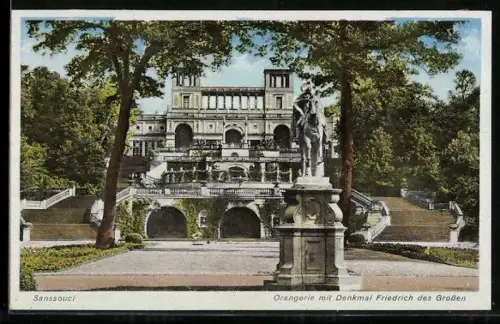 AK Potsdam, Sanssouci, Orangerie mit Denkmal Friedrich des Grossen