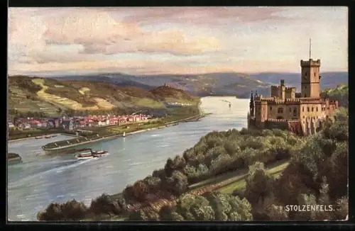AK Stolzenfels am Rhein, Blick zum Schloss Stolzenfels
