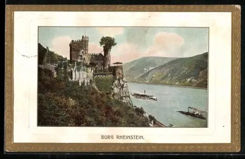 AK Burg Rheinstein, Burg mit Rheinpanorama