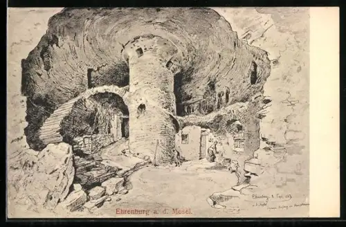 Künstler-AK Ehrenburg a. d. Mosel, Aufgang im Hauptturm