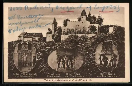 AK Ruine Frankenstein a. d. B., Ritter Georg v. Frankstein, Irmel von Frankenstein