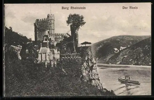 AK Burg Rheinstein, Burg mit Rheinpartie und Dampfer