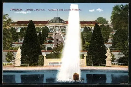 AK Potsdam, Terrassen und grosse Fontaine von Schloss Sanssouci