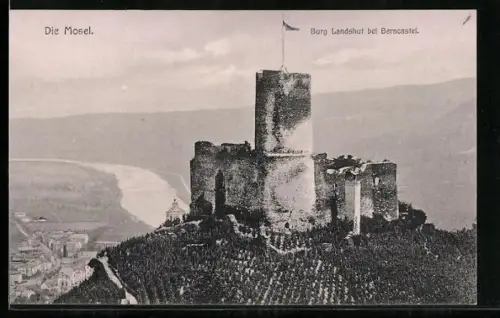 AK Burg Landshut bei Berncastel, Mit umgebenden Feldern und Blick ins Tal