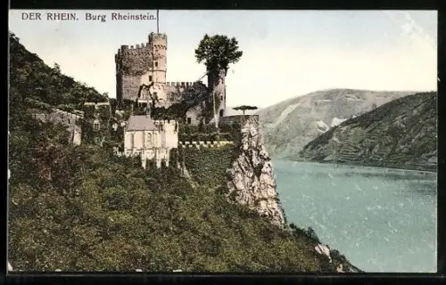 AK Burg Rheinstein /Rhein, Mit Umgebung und Blick auf den Rhein