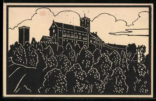 AK Eisenach, Südansicht der Wartburg mit anliegenden Wäldern