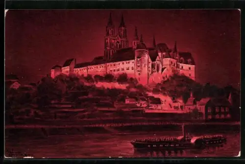 AK Meissen, Königliche Albrechtsburg mit roter Beleuchtung