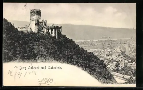 AK Lahnstein, Burg Lahneck mit anliegenden Wäldern und Orten