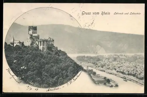 AK Lahnstein, Burg Lahneck mit anliegendem Wald und Ortschaft am Rhein