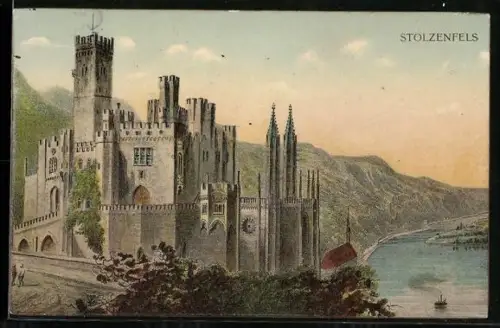 AK Schloss Stolzenfels, Aussenansicht mit Uferpartie