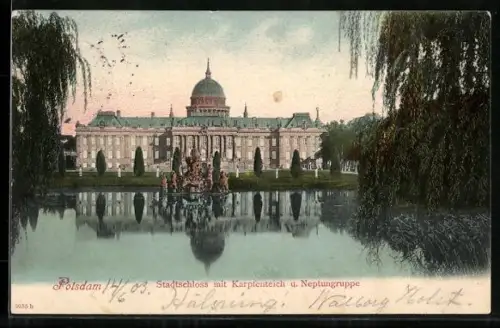 AK Potsdam, Stadtschloss mit Karpfenteich & Neptungruppe