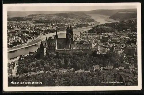 AK Meissen, Teilansicht mit Albrechtsburg und Elbansicht, Fliegeraufnahme