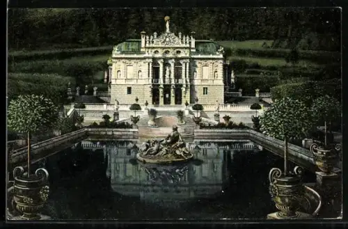 AK Schloss Linderhof, Aussenansicht mit Gartenanlagen und Brunnen