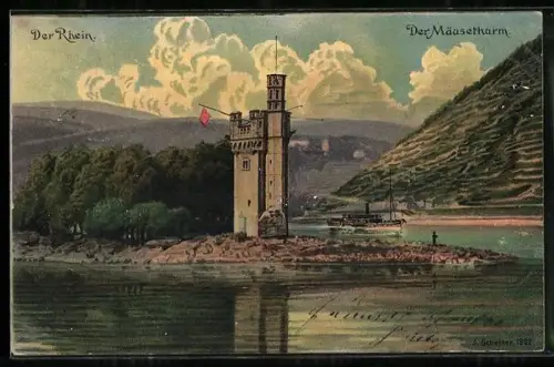 AK Bingen, Mäusethurm auf der Rheininsel, Dampfer