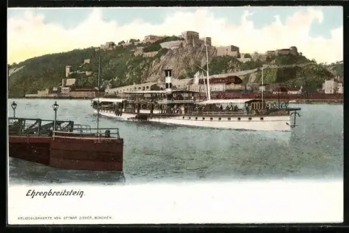AK Ehrenbreitstein, Festung und Dampfschiff auf dem Rhein