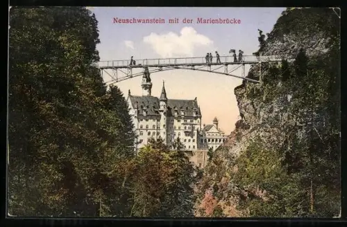 AK Neuschwanstein, Seitenansicht mit Marienbrücke