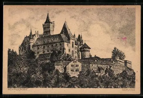Künstler-AK Wernigerode, Blick zum Schloss