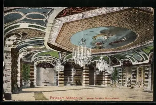 AK Potsdam-Sanssouci, Neues Palais, Muschelsaal, Innenansicht