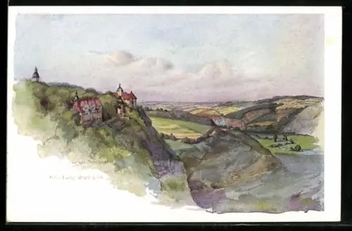 Künstler-AK Dornburg, Blick auf die 3 Schlösser