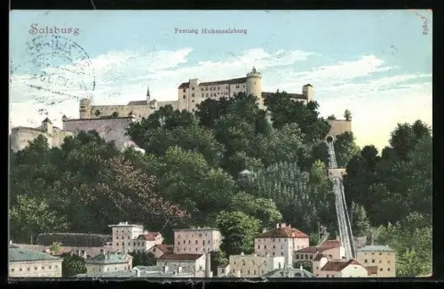 AK Salzburg, Festung Hohensalzburg mit Bergbahn