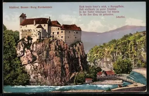 AK Bozen /Südtirol, Burg Runkelstein mit Brücke u. Bergpanorama