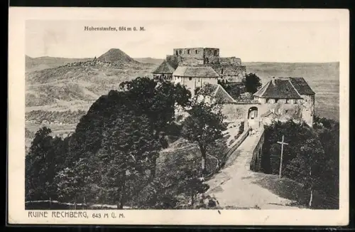 AK Rechberg, Ansicht der Ruine Rechberg mit Blick zum Hohenstaufen