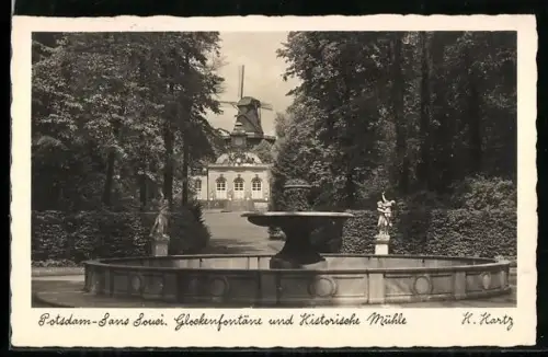 AK Potsdam-Sans Souci, Glockenfontäne und Historische Mühle, Windmühle