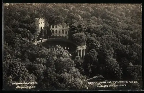 AK Potsdam-Ruinenberg, Aussichtsturm und Wasserwerk für die Fontänen von Sanssouci, Fliegeraufnahme