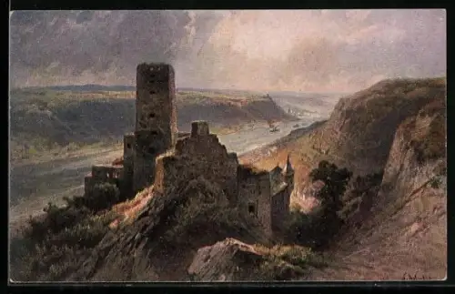 AK Kaub, Burg Gutenfels, Rheinpartie aus der Vogelschau