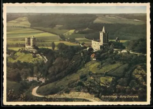 AK Rudelsburg, Burg Saaleck aus der Vogelschau