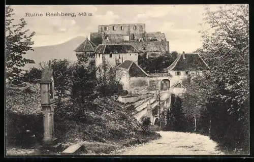 AK Ruine Rechberg, Ansicht von der Strasse mit Brücke und Bildstock