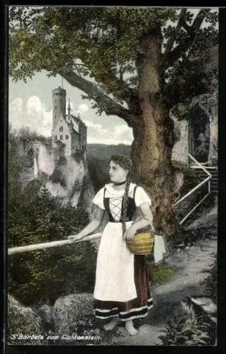 AK Lichtenstein, Bärbele barfuss mit Korb, Schloss