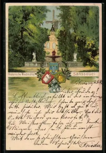 Lithographie Potsdam, Historische Windmühle Sanssouci