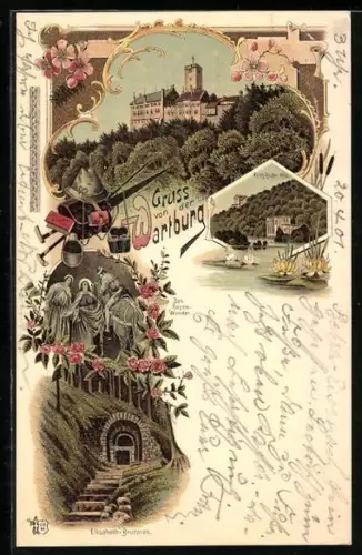 Lithographie Eisenach, Blick auf die Wartburg, Fritz-Reuter-Villa und Elisabeth-Brunnen